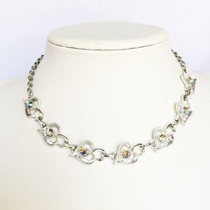 Rhinestones Hearts Necklace Silver Color Aurora Borealis Rhinestones Love Hearts